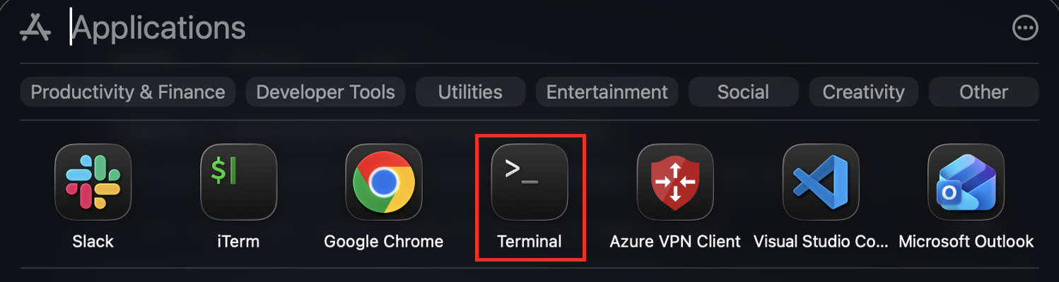 macOS Spotlight Applications view with Terminal highlighted