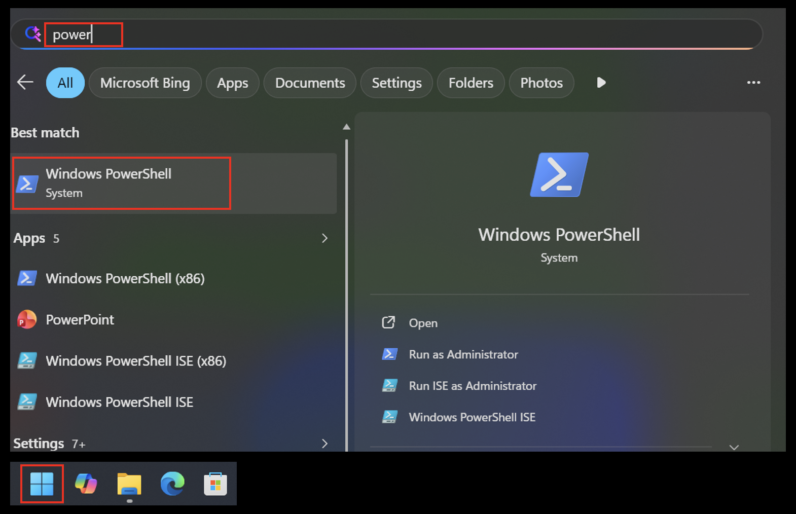 Windows Start menu with PowerShell highlighted as Best match